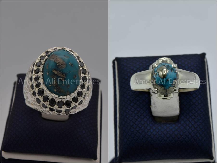Silver Couple Rings: Pair 135,  Stone: Shajri Feroza - AmeerAliEnterprises
