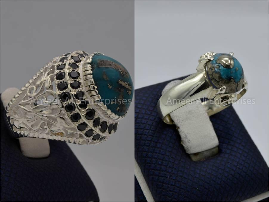 Silver Couple Rings: Pair 135,  Stone: Shajri Feroza - AmeerAliEnterprises