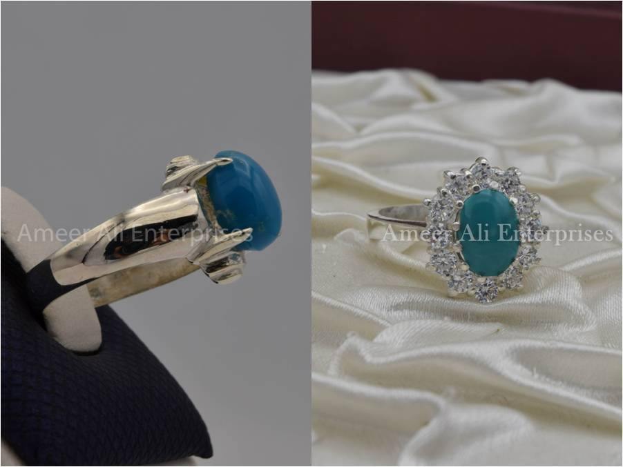 Silver Couple Rings: Pair 22,  Stone: Feroza (Turquoise) - AmeerAliEnterprises