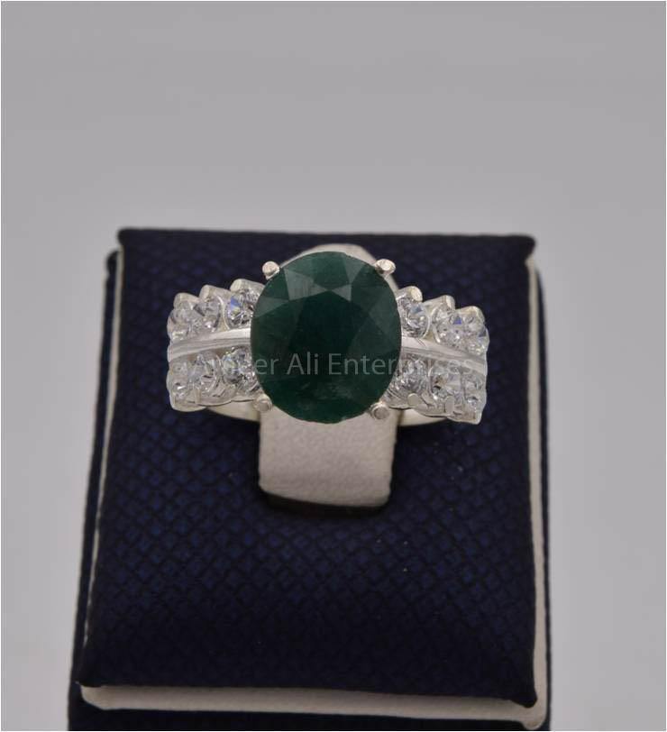 AAE 2467 Chandi Ring 925, Stone: Emerald (Zamurad) - AmeerAliEnterprises
