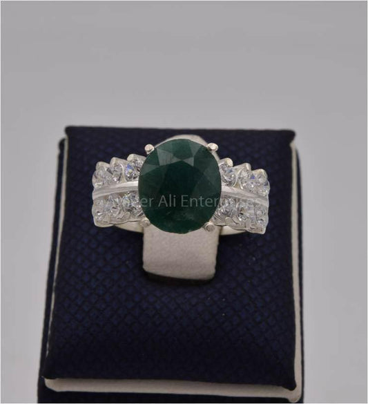 AAE 2467 Chandi Ring 925, Stone: Emerald (Zamurad) - AmeerAliEnterprises