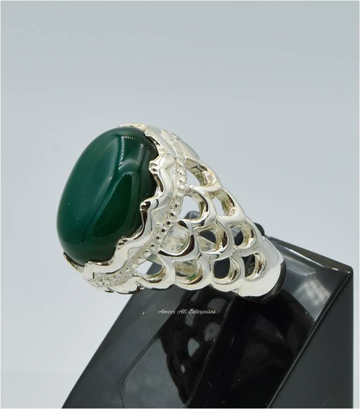 AAE 6237 Chandi Ring 925, Stone: Green Aqeeq