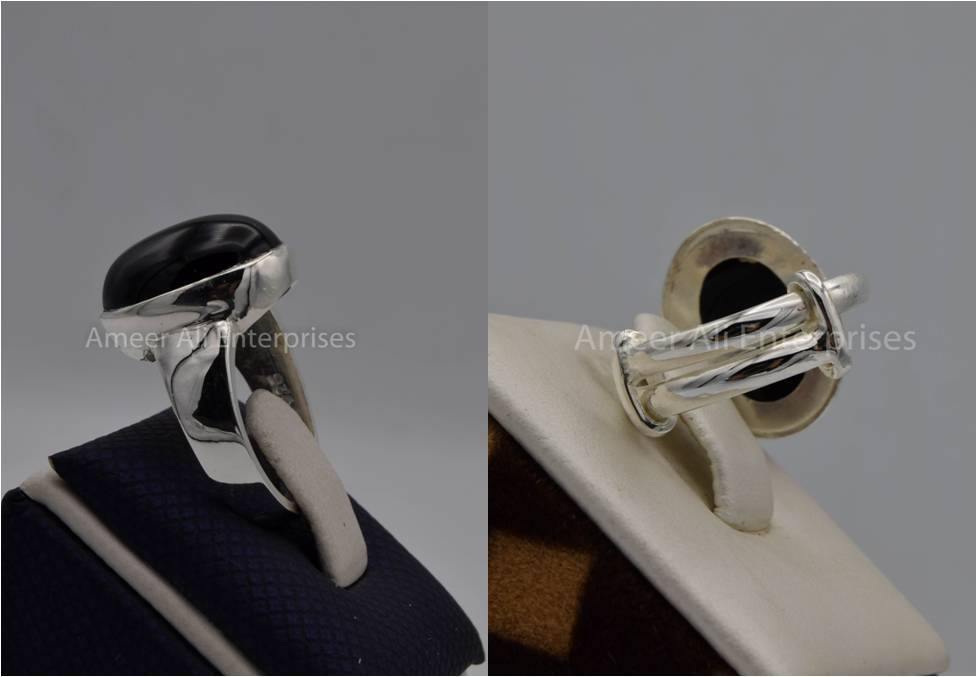 Silver Couple Rings: Pair 19,  Stone: Black Aqeeq (Agate) - AmeerAliEnterprises