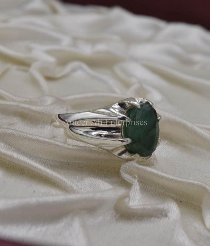 AAE 1565 Chandi Ring 925, Stone Emerald (Zamurd) - AmeerAliEnterprises