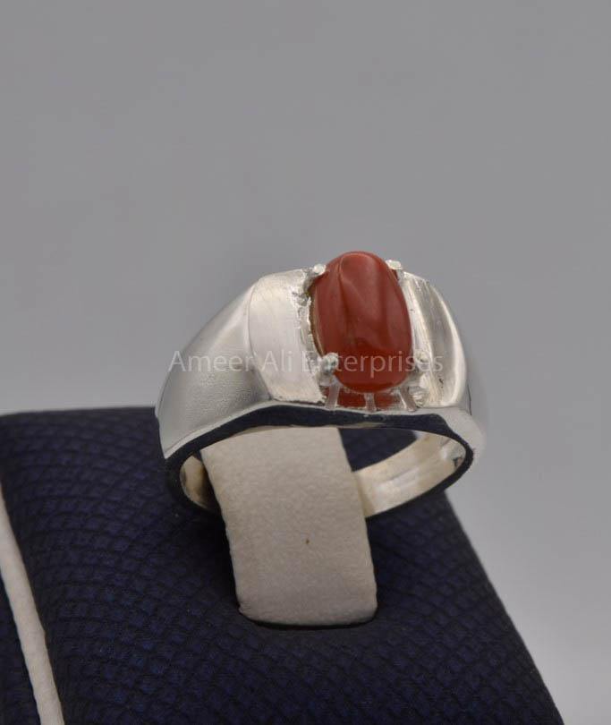 AAE 9941 Chandi Ring 925, Stone: Marjan (Coral) - AmeerAliEnterprises