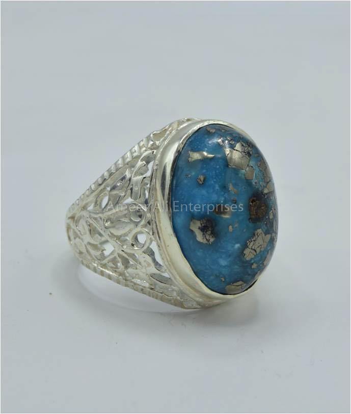 AAE 5904 Chandi Ring 925, Stone: Shajri Feroza (Turquoise) - AmeerAliEnterprises