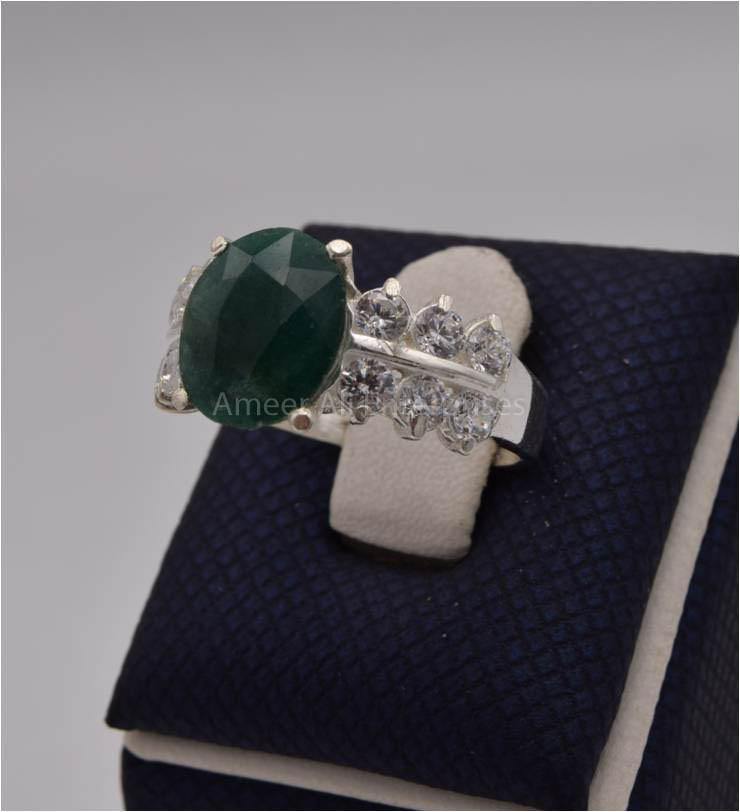 AAE 2467 Chandi Ring 925, Stone: Emerald (Zamurad) - AmeerAliEnterprises