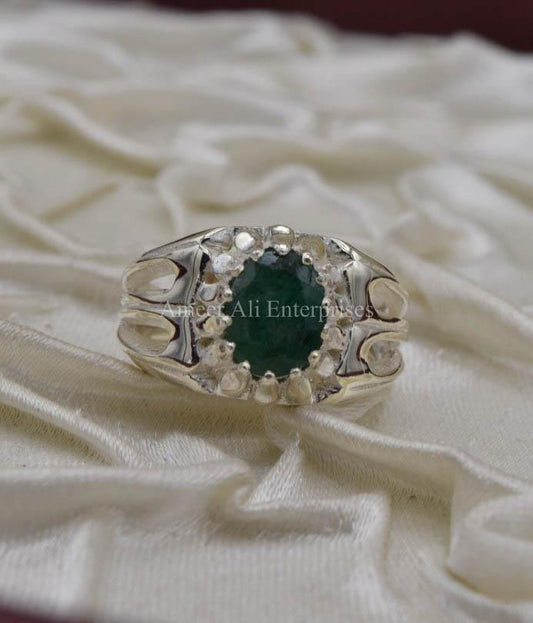 AAE 1566 Chandi Ring 925, Stone Emerald (Zamurd) - AmeerAliEnterprises