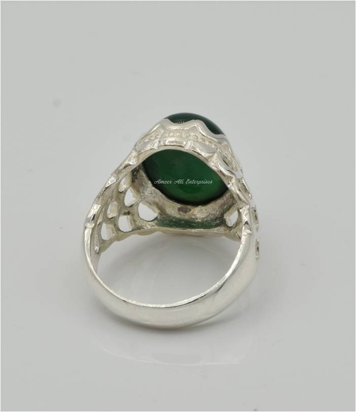 AAE 6237 Chandi Ring 925, Stone: Green Aqeeq