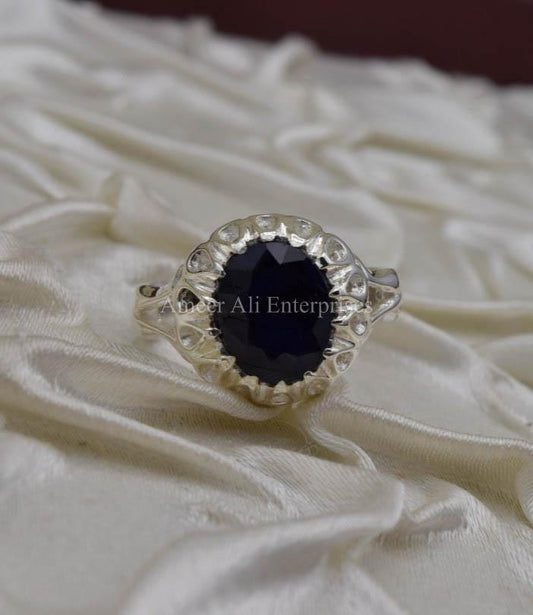 AAE 0304 Chandi Ring 925, Stone: Blue Sapphire (Neelam) - AmeerAliEnterprises