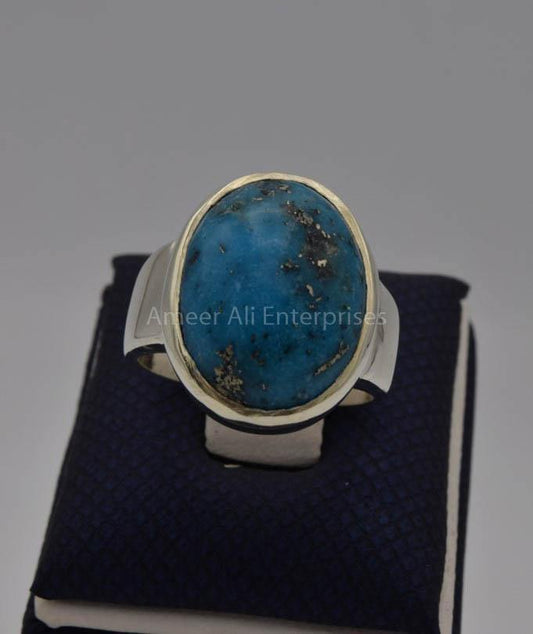 AAE 7727 Chandi Ring 925, Stone: Shajri Feroza (Turquoise) - AmeerAliEnterprises