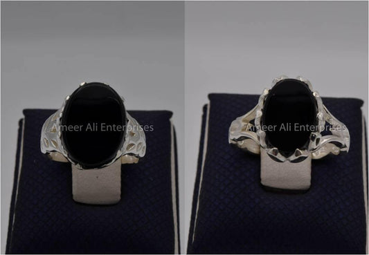 Silver Couple Rings: Pair 91,  Stone: Black Aqeeq (Agate) - AmeerAliEnterprises