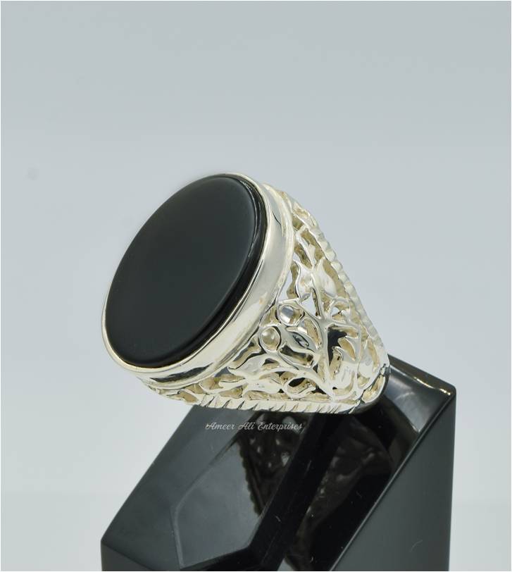 AAE 6639 Chandi Ring 925, Stone: Black Aqeeq