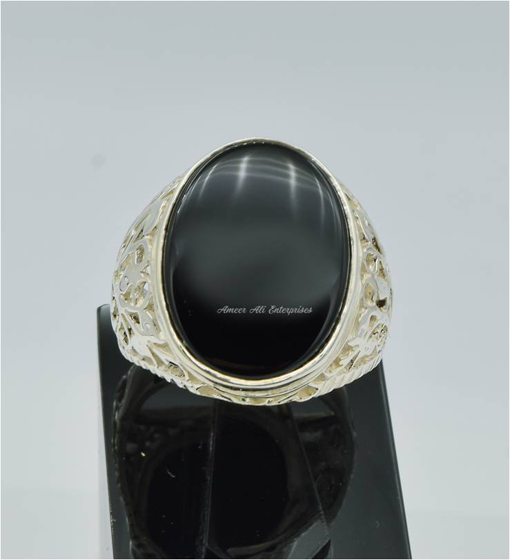 AAE 6639 Chandi Ring 925, Stone: Black Aqeeq