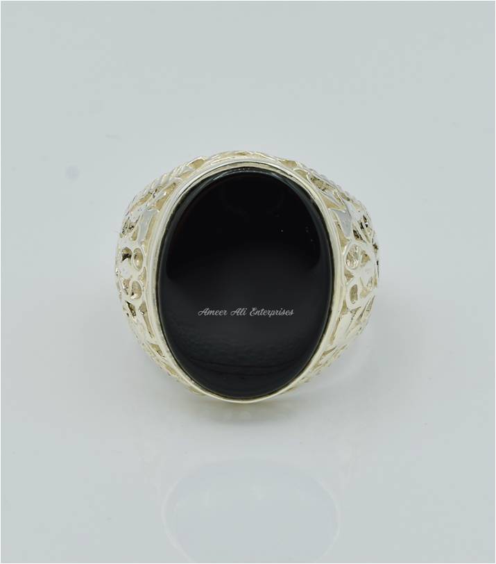 AAE 6639 Chandi Ring 925, Stone: Black Aqeeq