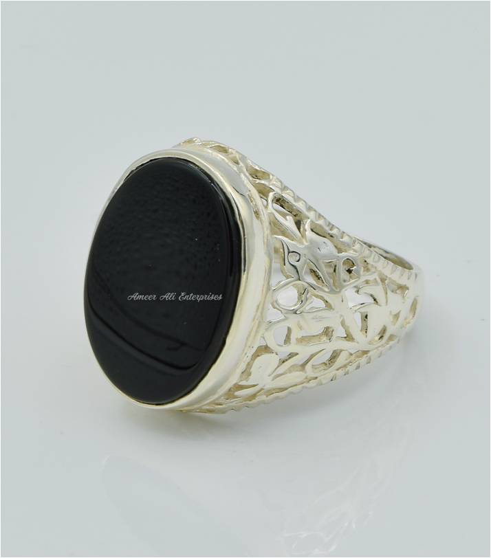 AAE 6639 Chandi Ring 925, Stone: Black Aqeeq