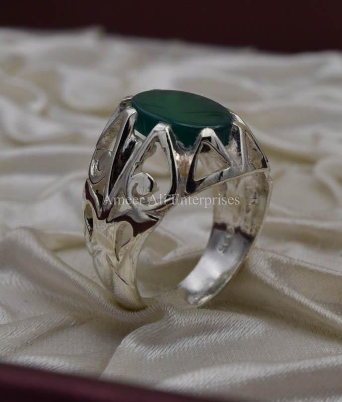 AAE 0569 Chandi Ring 925, Stone: Green Aqeeq - AmeerAliEnterprises