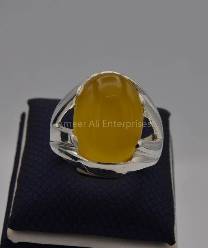 AAE 6528 Chandi Ring 925, Stone: Yellow Aqeeq - AmeerAliEnterprises