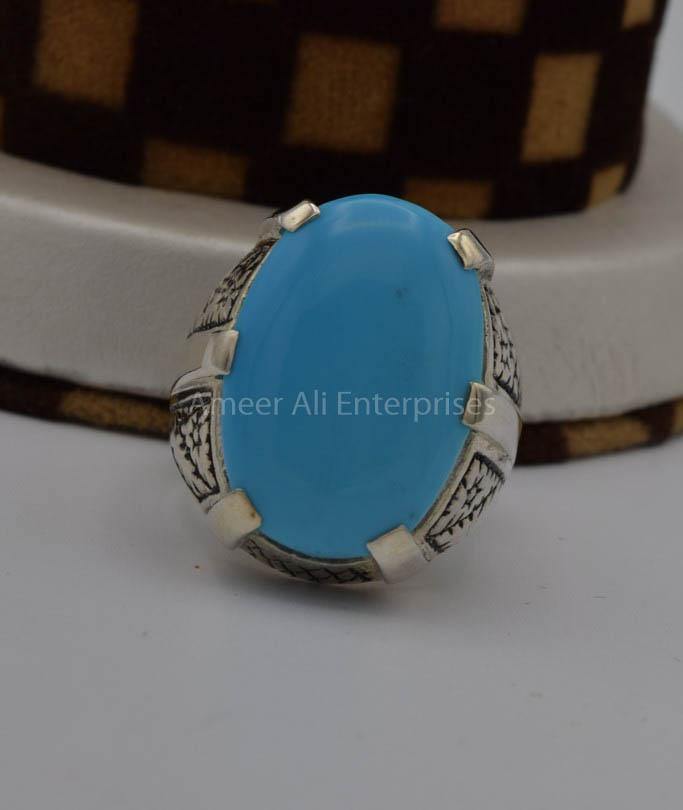 AAE 7566 Chandi Ring 925, Stone: Feroza (Turquoise) - AmeerAliEnterprises