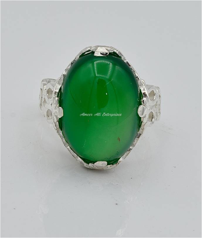 AAE 6595 Chandi Ring 925, Stone: Green Aqeeq