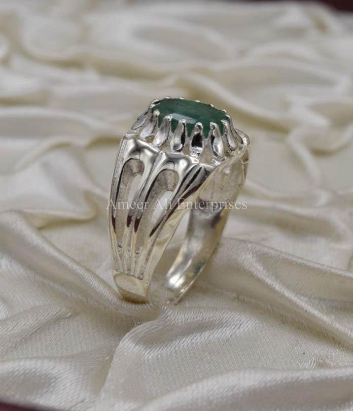 AAE 1566 Chandi Ring 925, Stone Emerald (Zamurd) - AmeerAliEnterprises