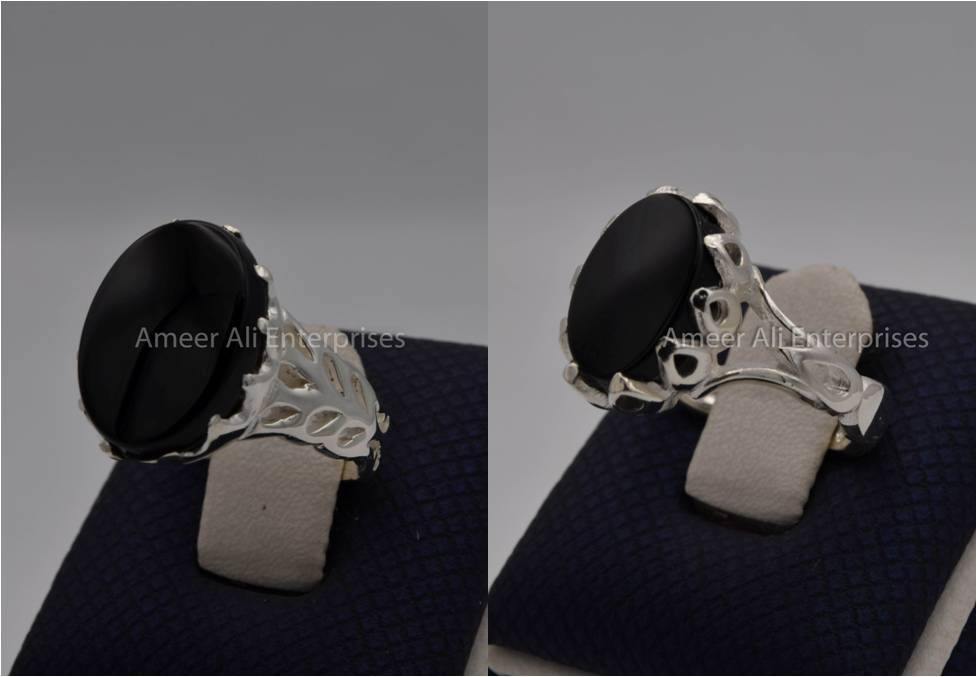 Silver Couple Rings: Pair 91,  Stone: Black Aqeeq (Agate) - AmeerAliEnterprises