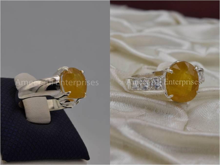 Silver Couple Rings: Pair 24,  Stone: Pukhraj (Yellow Sapphire) - AmeerAliEnterprises