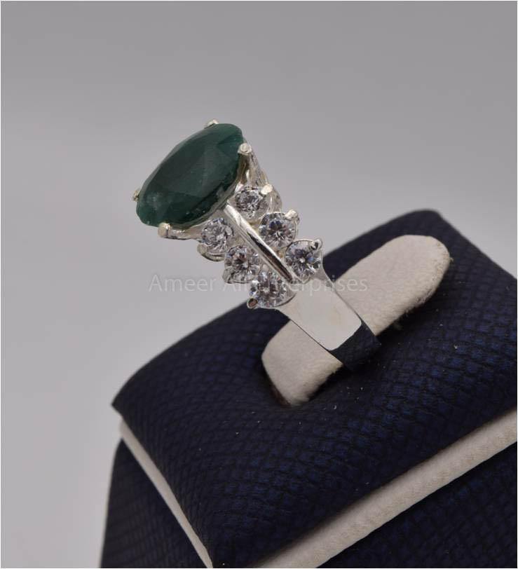 AAE 2467 Chandi Ring 925, Stone: Emerald (Zamurad) - AmeerAliEnterprises
