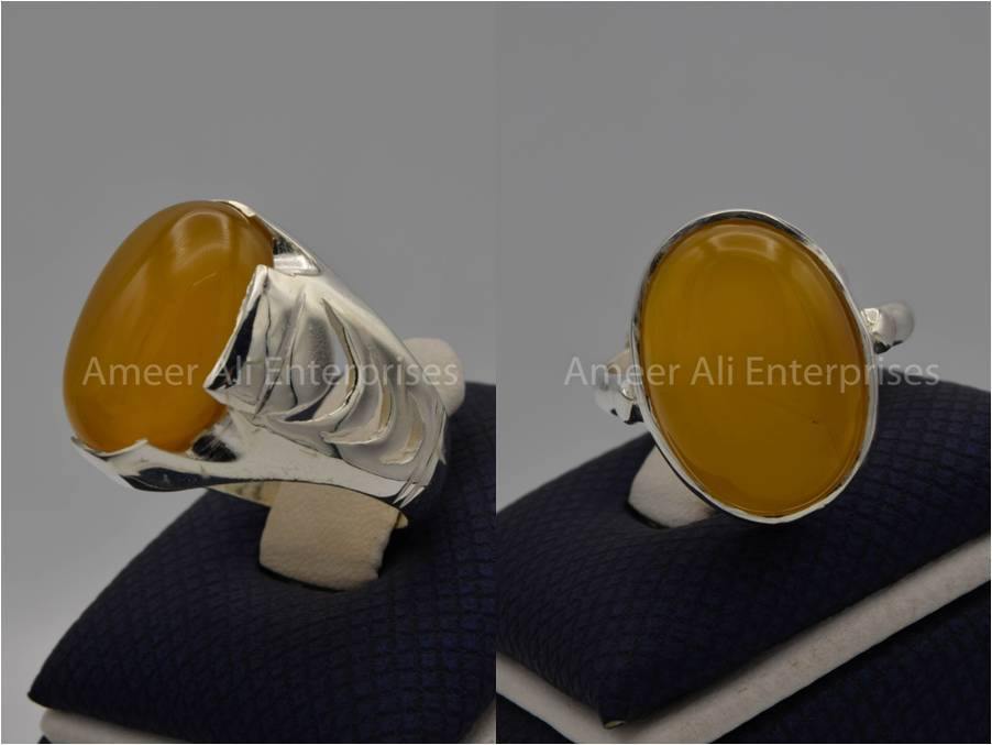 Silver Couple Rings: Pair 59, Stone: Yellow Aqeeq (Agate) - AmeerAliEnterprises