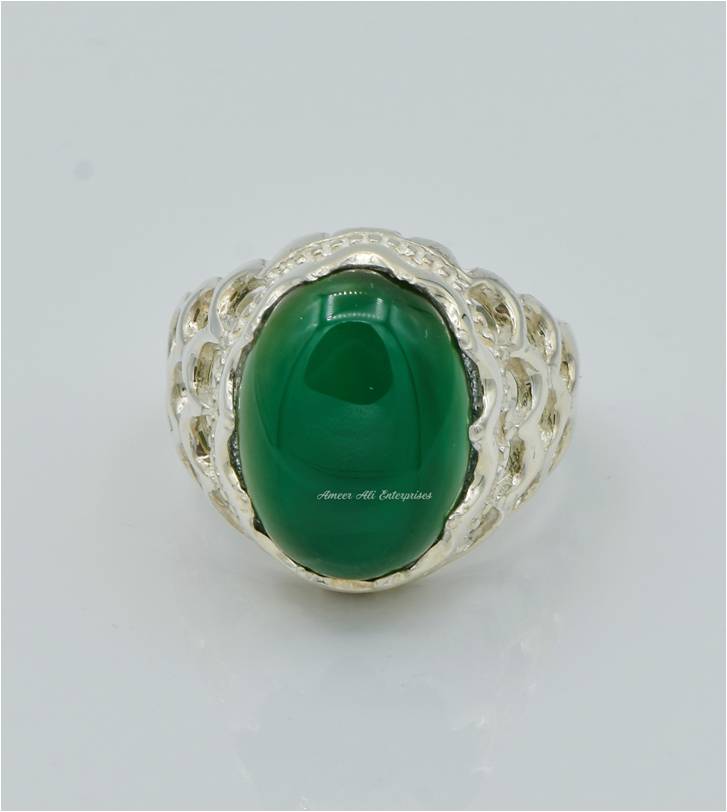 AAE 6237 Chandi Ring 925, Stone: Green Aqeeq