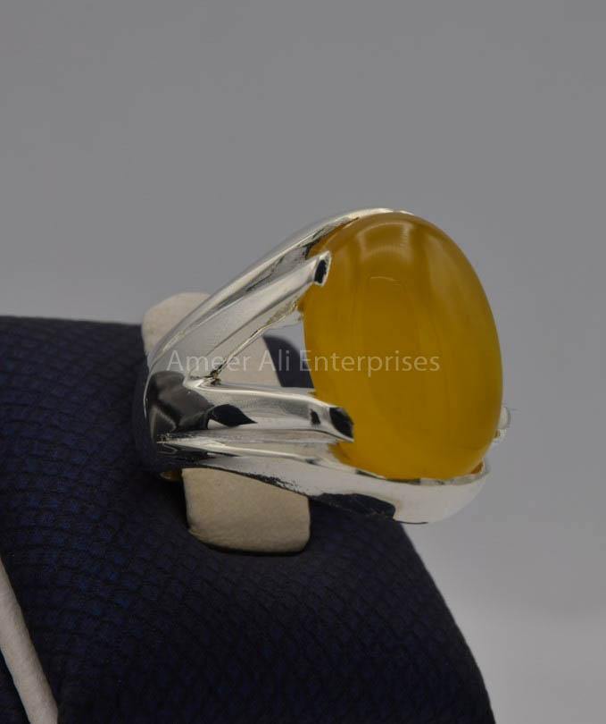 AAE 6528 Chandi Ring 925, Stone: Yellow Aqeeq - AmeerAliEnterprises