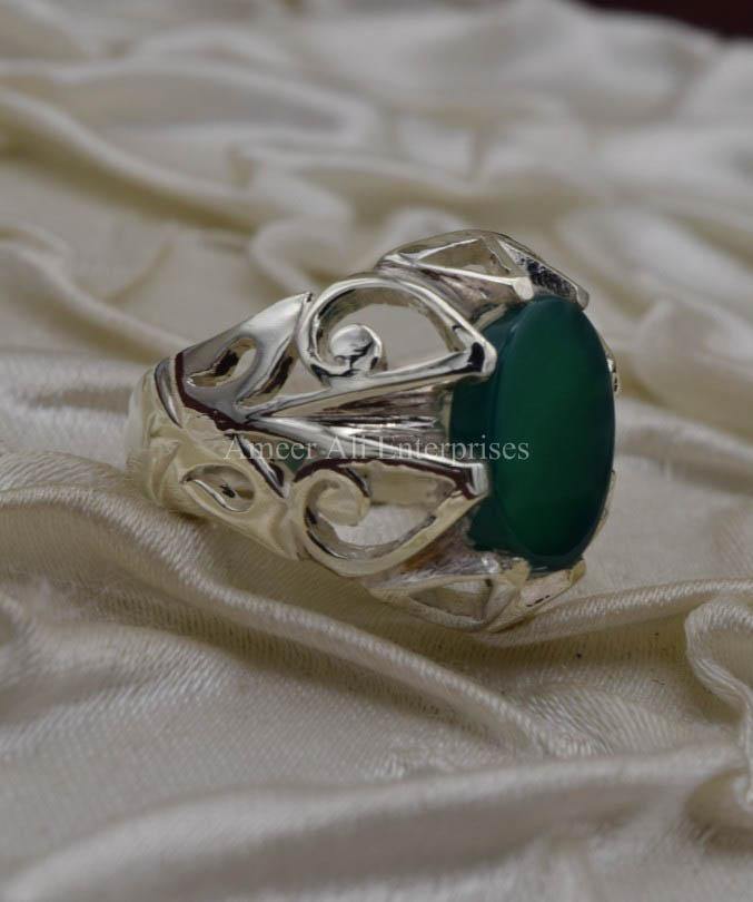 AAE 0569 Chandi Ring 925, Stone: Green Aqeeq - AmeerAliEnterprises