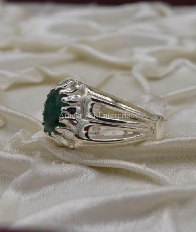 AAE 1566 Chandi Ring 925, Stone Emerald (Zamurd) - AmeerAliEnterprises