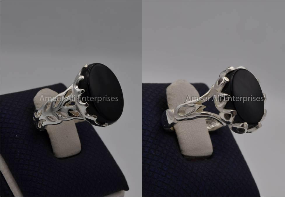Silver Couple Rings: Pair 91,  Stone: Black Aqeeq (Agate) - AmeerAliEnterprises