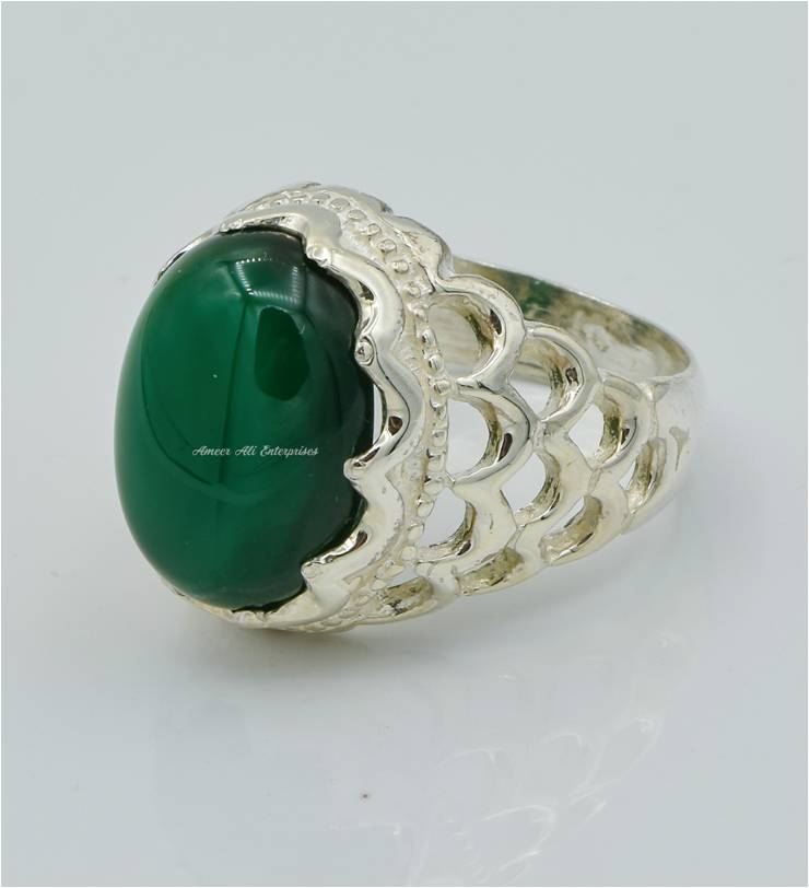 AAE 6237 Chandi Ring 925, Stone: Green Aqeeq