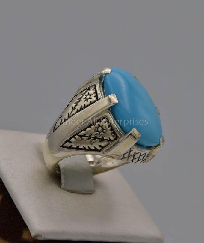 AAE 7566 Chandi Ring 925, Stone: Feroza (Turquoise) - AmeerAliEnterprises