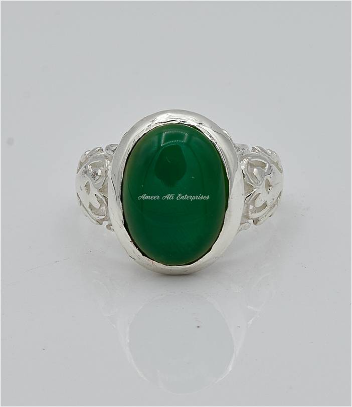 AAE 6596 Chandi Ring 925, Stone: Green Aqeeq