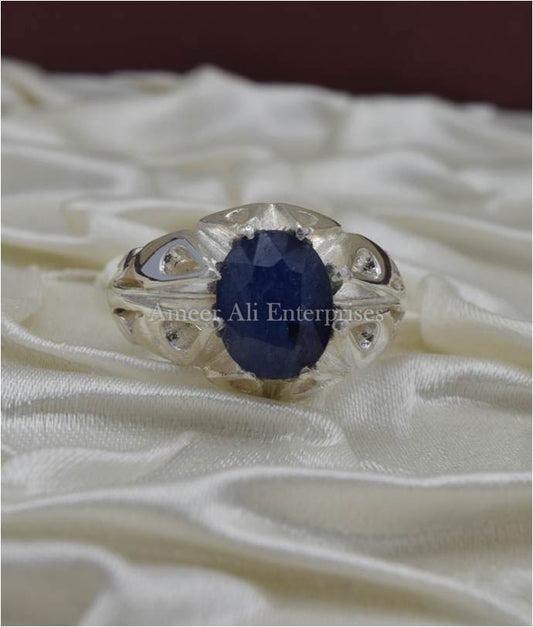 AAE 3518 Chandi Ring 925, Stone: Blue Sapphire (Neelam)