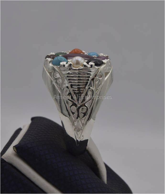 AAE 2253 Chandi Ring 925, Stone: Navratan (Nine Original Stones) - AmeerAliEnterprises