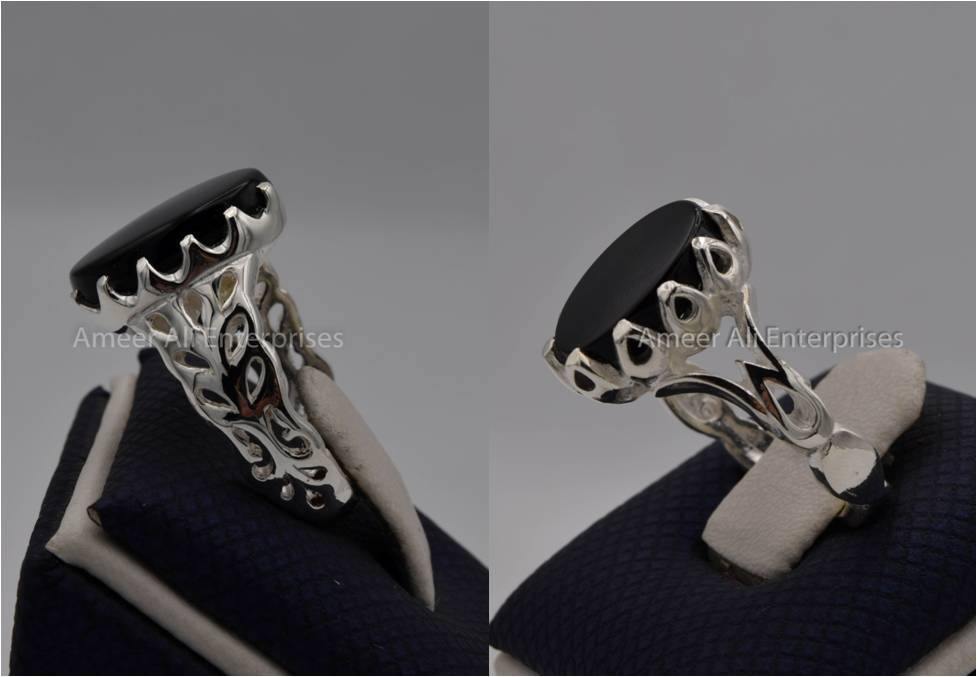 Silver Couple Rings: Pair 91,  Stone: Black Aqeeq (Agate) - AmeerAliEnterprises