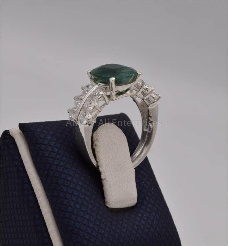 AAE 2467 Chandi Ring 925, Stone: Emerald (Zamurad) - AmeerAliEnterprises