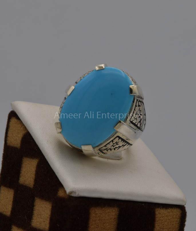 AAE 7566 Chandi Ring 925, Stone: Feroza (Turquoise) - AmeerAliEnterprises