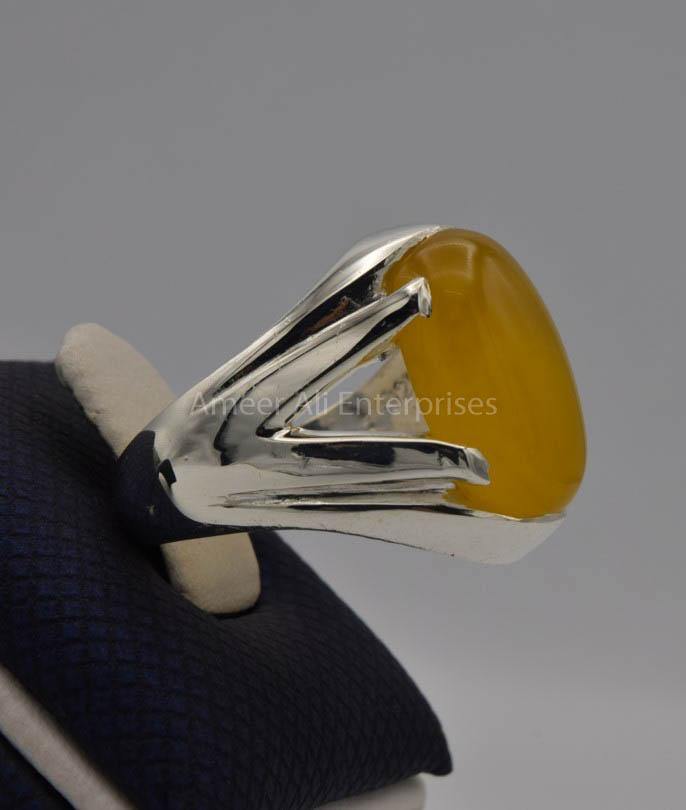 AAE 6528 Chandi Ring 925, Stone: Yellow Aqeeq - AmeerAliEnterprises