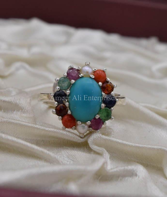 AAE 0519 Chandi Ring 925, Stone: Navratan (Nine Original Stones) - AmeerAliEnterprises