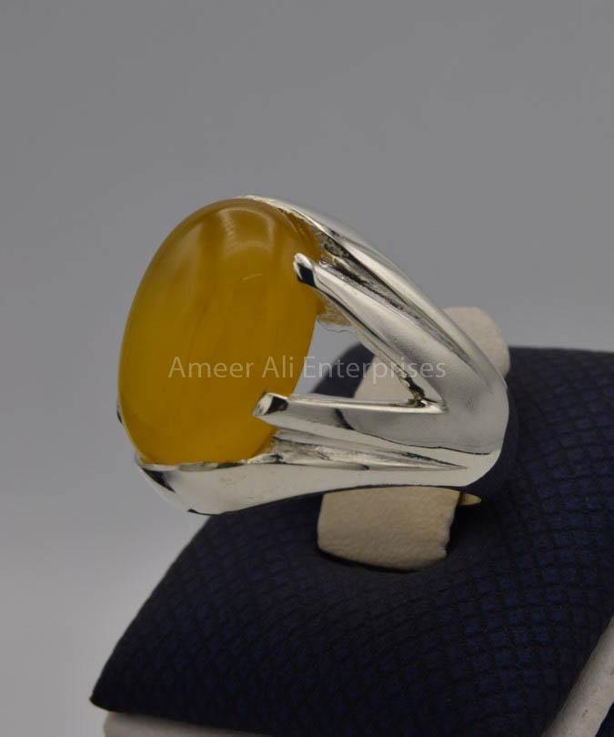 AAE 6528 Chandi Ring 925, Stone: Yellow Aqeeq - AmeerAliEnterprises