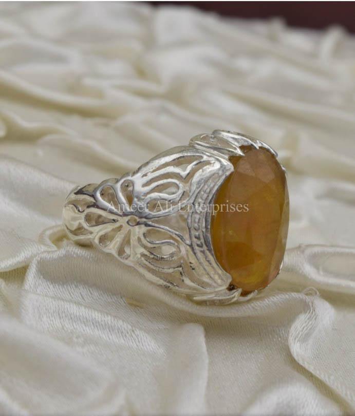 AAE 1855 Chandi Ring 925, Stone: Yellow Sapphire (Pukhraj) - AmeerAliEnterprises
