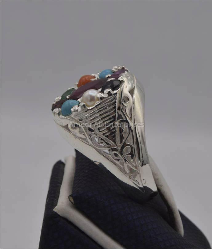 AAE 2253 Chandi Ring 925, Stone: Navratan (Nine Original Stones) - AmeerAliEnterprises