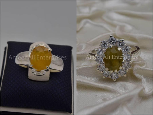 Silver Couple Rings: Pair 25,  Stone: Pukhraj (Yellow Sapphire) - AmeerAliEnterprises