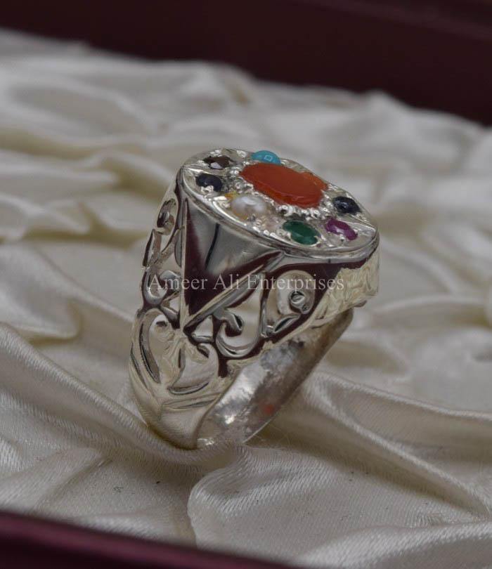 AAE 1603 Chandi Ring 925, Stone: Navratan (Nine Original Stones) - AmeerAliEnterprises