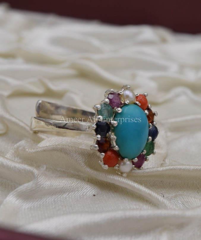 AAE 0519 Chandi Ring 925, Stone: Navratan (Nine Original Stones) - AmeerAliEnterprises